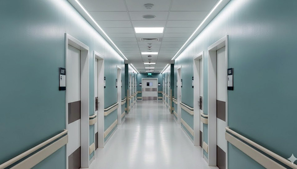 Clean Hospital Corridor with Anti-Bacterial Paint and Soothing Colors