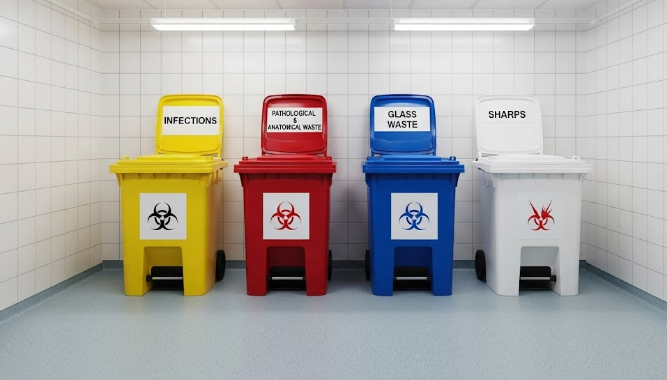Hospital biomedical waste utility room with color coded bins (Yellow, Red, Blue, White)