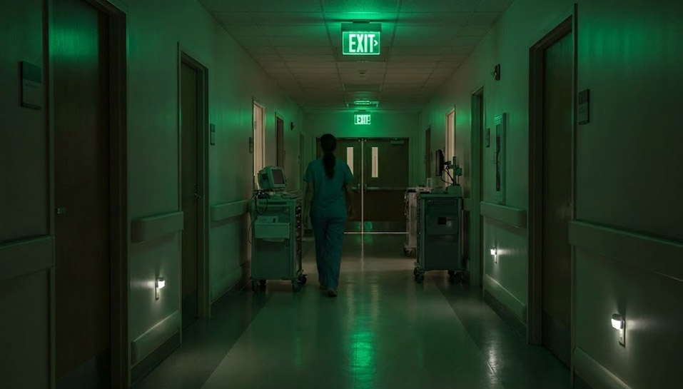Illuminated green emergency exit sign in a dark hospital corridor