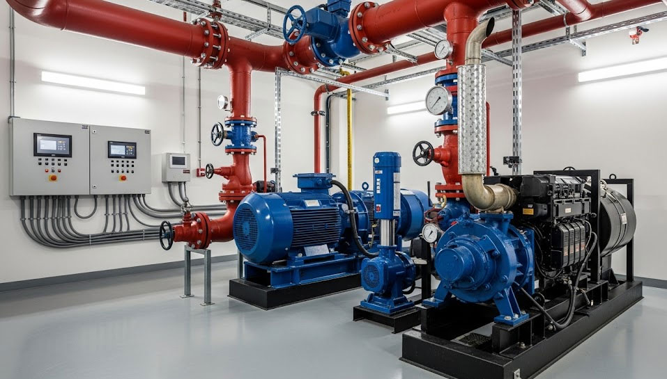 Industrial Fire Pump House Setup with Electric and Diesel Pumps