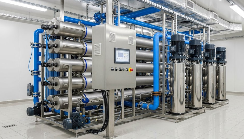 Industrial RO Water Treatment Plant installation in a hospital basement