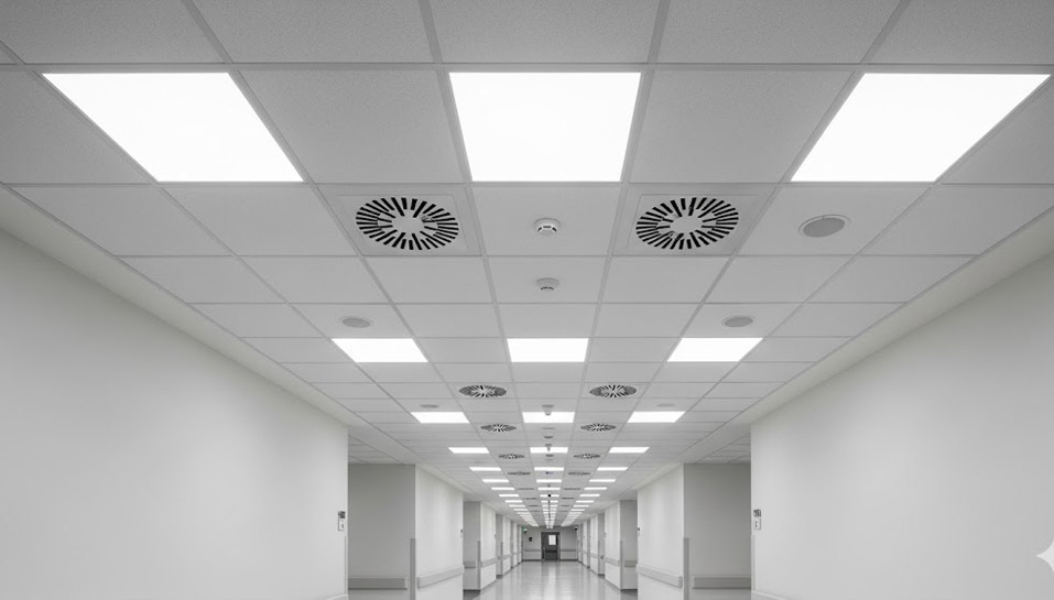 Modern Hospital Corridor with Grid False Ceiling and LED Lighting