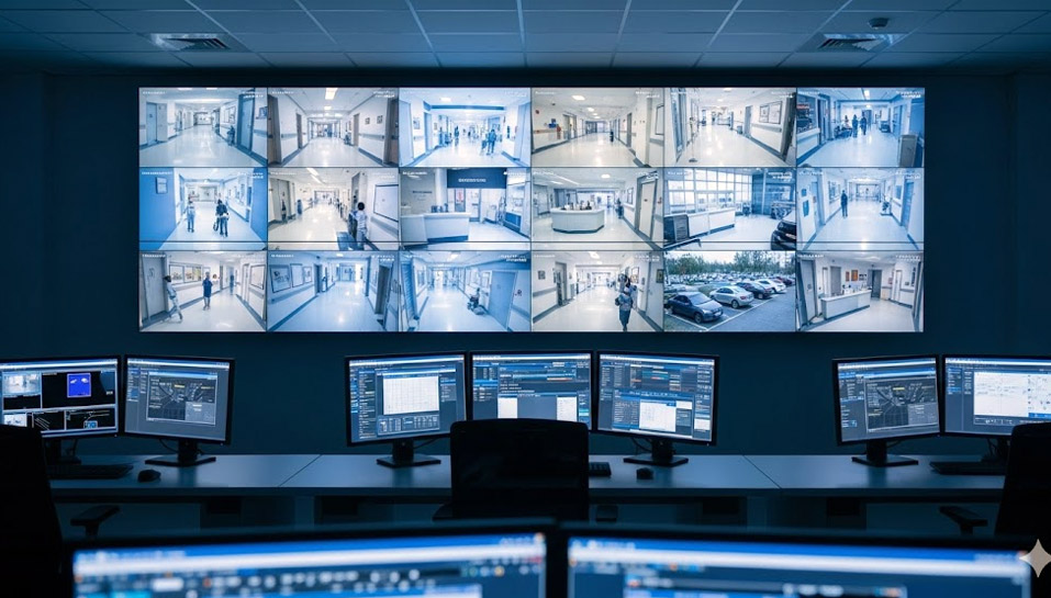 Security Room with Multiple Screens Monitoring Hospital CCTV Feeds