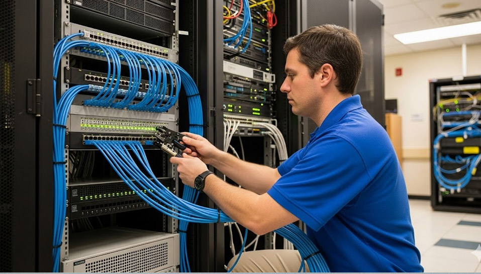 Structured cabling server rack with neat blue and yellow ethernet cables