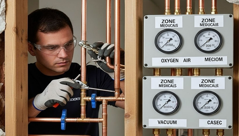 Technician installing copper medical gas pipeline with zone valve boxes